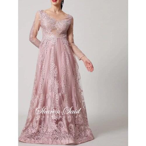 Arabic Pink Long Sleeve Muslim Evening Dress Luxury Dubai Silver Plus Size Navy Blue Formal Dresses Women Wedding Party Gowns