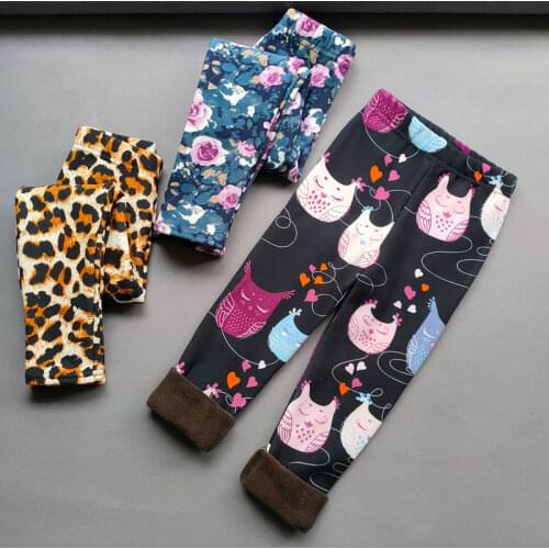 Children Plus Velvet Leggings Girls Retro Flower Printing Cartoon Leopard Pants Sweet Baby Girls Warm Elastic Slim Trousers