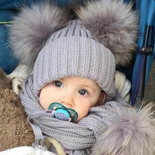 Kids Hats Caps Beanie Winter Baby Boys Girls Warm Thickened Solid Color Double Pompom Beanie Cap Hat Kids Accessories 2021