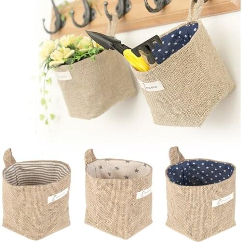 Jute Cotton Linen Bag Desktop Storage Basket Hanging Pocket Small Sack Sundries Storage Box With Handle Cosmetic Storage Bag