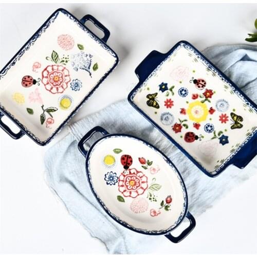 European Rectangular Binaural Ceramic Dessert Plate Rice Bowl Cheese Baked Tray Creative Oven Plate Kitchen Utensils Tableware