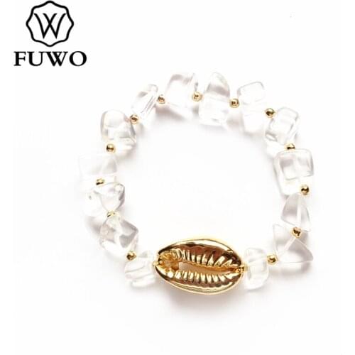 FUWO Natural Cowrie Clear Quartz Bracelet with Gold Dipped Fashion Seashell Bracelet Boho Jewelry Gift For Women BR517