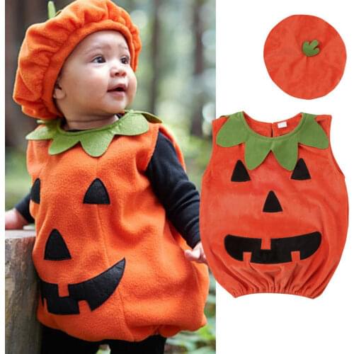 0-3Y Newly Cosplay Halloween Kid Pumpkin Print Sleeveless Romper Baby Jumpsuits Toddler Tops+Hats Baby Clothes Costumes