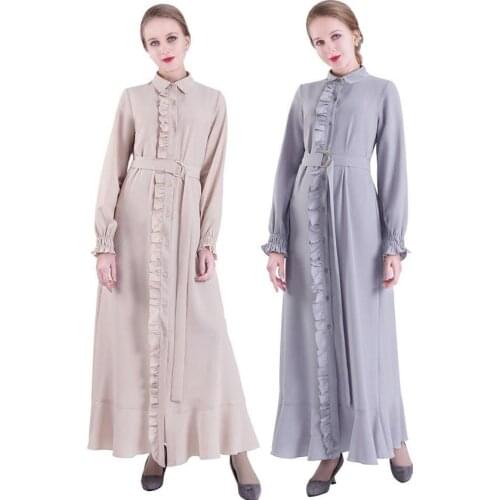 Muslim adult full ruffles stitching abaya Arab Fashion Turkey Middle East Dresses Musical Robe Ramadan abaya F1075 with belt