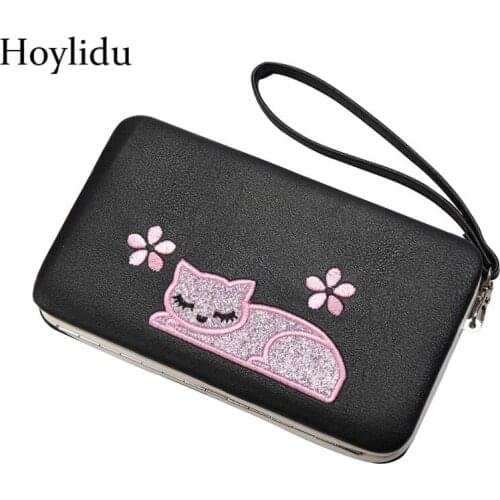 New Cartoon Cute Women Wallet PU Leather Kitten Embroidery Long Style Large Capacity Bifold Design Hasp Money Purse Card Holder