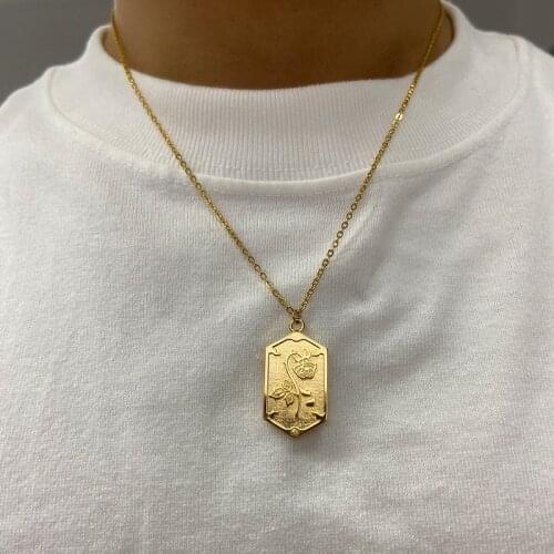 Necklace for Women Men Gilded Stainless Steel Rose Flower Retro European American Hexagon Nameplate Pendant Collarbone Chain