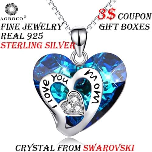 I Love You Mom Heart In Heart Pendant Necklace 925 Sterling Silver Chain Blue Crystal From Swarovski Gift For Mother