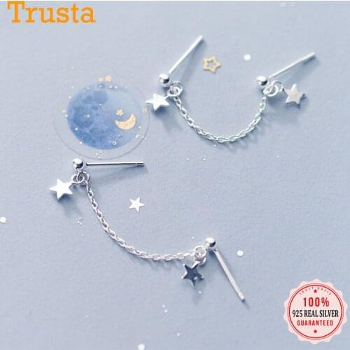 TrustDavis Real 925 Sterling Silver Linked Stick Chain Star Charm Stud Earring For Women Wedding Birthday Fine Jewelry DB1020