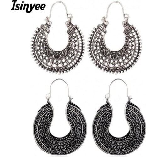 ISINYEE Antique Silver Flower Carved Hoop Earrings For Women Girls Bijoux Jewelry Vintage Tibetan Ethnic Hollow Round Earring