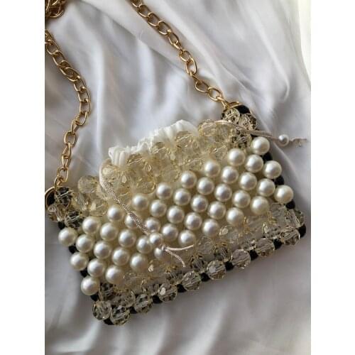 Shemsstore Woman Hand Made Beaded Bag White Black Color Dimensions 21,5x14x4 High Quality Party Shiny Shoulder Strap Lined Tops