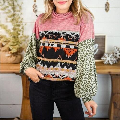 Leopard Pattern Stitching Lantern Sleeve Turtleneck Sweatshirt Women Indie Folk Loose Streetwear Casual Elegant Lady Autumn 2021