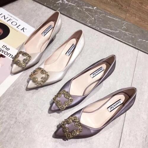 Real silk pointy toe pumps shoes elegant purple OL stilettos chic crystal snow square buckle shallow thin high heels mules women