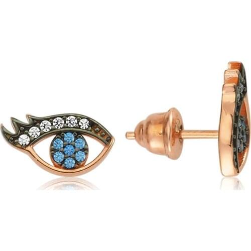 Valori Jewels Dark Evil Eye, Zirconia White And Fancy Blue Gemstone, Rose Gold Plated, Sterling Silver Earrings