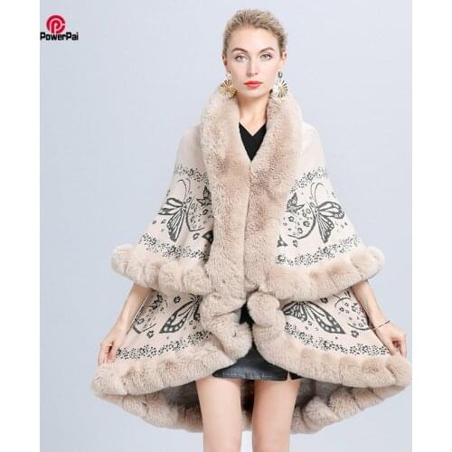Double Layers Full Trims Faux Rex Rabbit Fur Coat Cloak Women Winter Jacquard Knitted Cape Overcoat Wraps Shawl Fashion Elegant