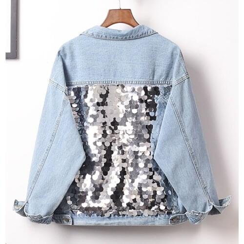 Zoki Plus Size Women Denim Jacket Fashion Sequins Autumn Jean Coat Casual Loose Cotton Long Sleeve Singe Breasted Outwear 2020