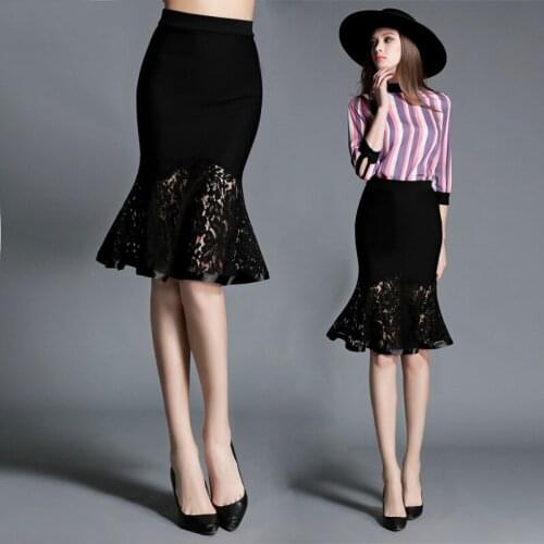 New Women Stitching High Waist Elastic Skirts Sexy Package Hip Fish Tail Lace Skirt Plus Size S-5XL