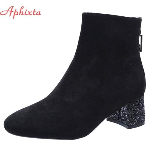 Aphixta 2021 Ladies Short Ankle Boots Women Sequined Fashion Zip Bling 5cm Thick High Heels Winter Boots Women Shoes