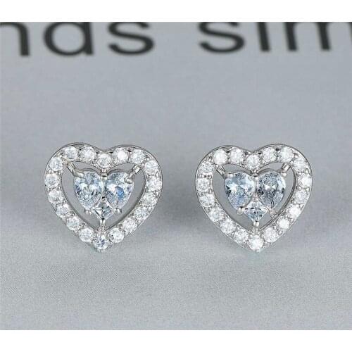 Unique Love Heart Stud Earrings For Women Ear Studs Silver Rose Gold Color White Zircon Charm Wedding Earrings Valentine Jewelry