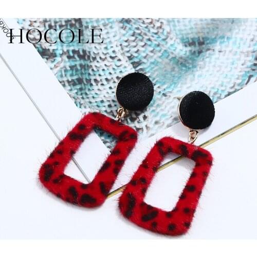 HOCOLE Exaggerated Vintage Leopard Dangle Earrings For Women Geometric Hollow Out Velvet Statement Earrings Party Jewelry Gift