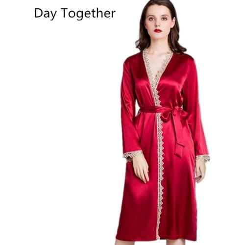Womens Satin Lace Robes Night Dress Womens Long Sashes Kimono Morning Gowns Bride Gown Silk Red Bathrobe Pajamas For Female