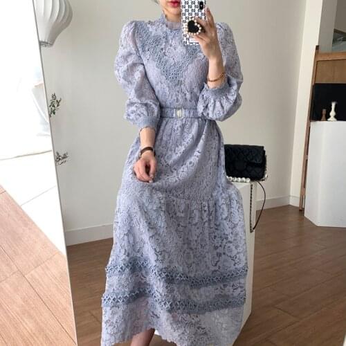 Menahem 2021 New Arrival Elegant Runway Crochet Lace Dress Womens Lantern Sleeve Stand Collar A Line Long Dress With Belt