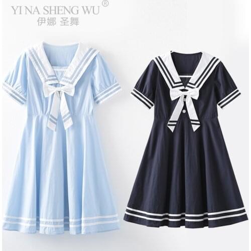 Women Dress Summer New Japanese Navy Collar Short Sleeve Sweet Bow High Waist JK Sailor College Style Dress School Girl Uniform
