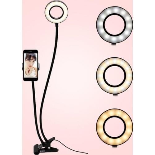 2-in-1 Cell Phone Holder with LED Selfie Ring Light for Live Stream Phone Clip Adjustable Desk Lamp Makeup Light