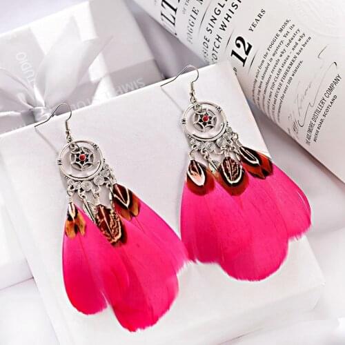 Bohemia Rose Red Feather Tassel Earrings Female Jewelry Handmade Fashion Round Alloy Drop Ethnic Earrings For Women