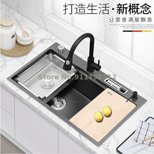 Black Nano Sink Single-bath Stepped Kitchen Sink 304 Stainless Steel High And Low Undercounter Sink Large Sink