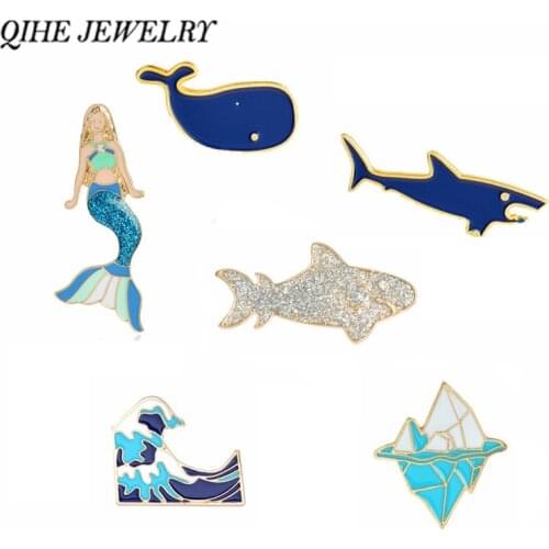 QIHE JEWELRY Sea Cuties Pins Collection Whale Shark Dolphin Ocean Animals Lapel Pins Beach Summer Blue Badges Brooches for Kids