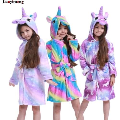 Unicorn Hooded Robes Kids Flannel Bathrobes Boys Girls Nightwear Pyjama Kids Long Sleeve Home Suit Cartoon Beach Towel 4 6 8 10Y