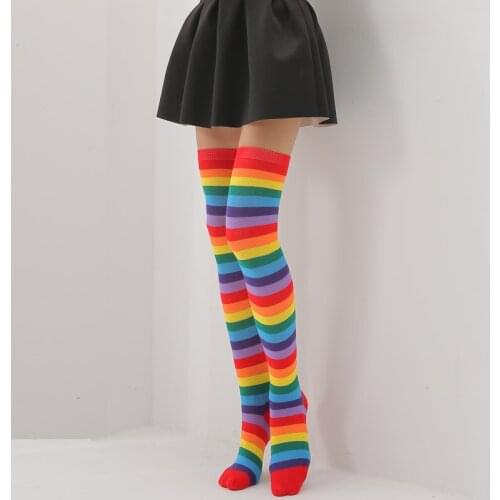 Howfits Women Girl Rainbow Cotton Socks Woman Sexy Stripe Over Knee High Lady Long Sock Colorful