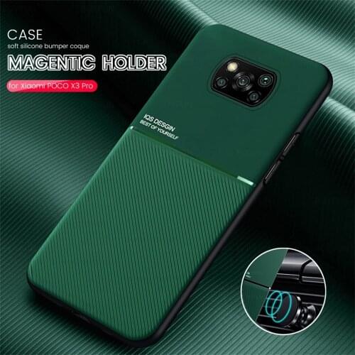 Leather Texture Car Magnetic Holder Phone Cover for Xiaomi Poco X3 NFC Little X 3 Case Soft Silicone Shockproof Coque For PocoX3