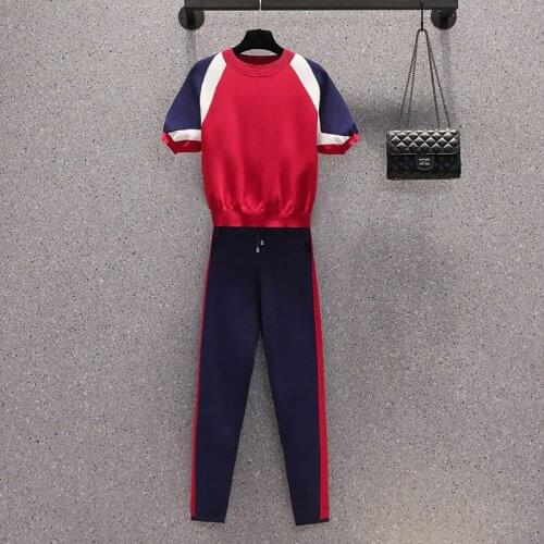 Korean Summer Contrast Knitted 2 Peice Set Women Short Sleeve Sweater Female Tops+pants Suit Red contrast color Casual Tracksuit