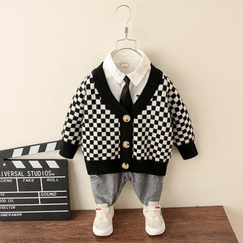 Fashion Plaid Boys Sweater Cardigan V-neck Single-breasted Boys Sweater Jacket Autumn All-match Tops Net Red Hot Style