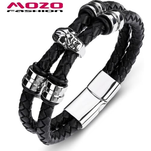 Fashion Men Bracelet Black Double circle Leather Skeleton Stainless Steel Magnet Buckle Bracelet Man Skull Jewelry PS2099