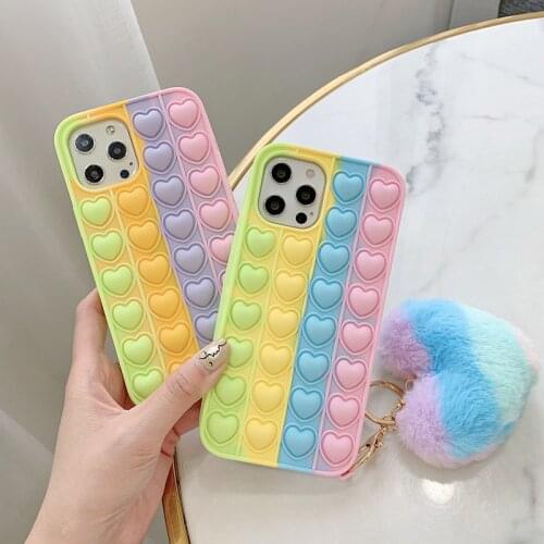 Rainbow Decompression Soft Silicone Case For IPhone 12 Mini 11 Pro XS Max XR X 8 6S 7P Keychain Extruded Bubble Protection Covre