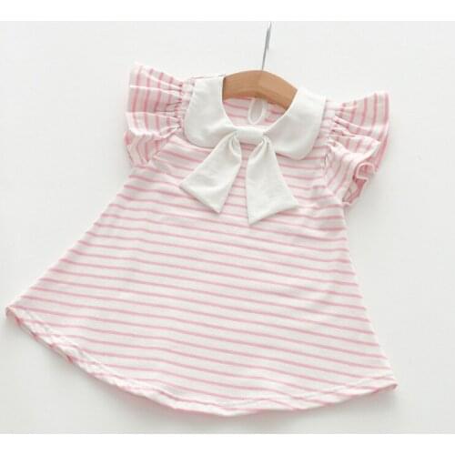 2020 New Girls Summer Cotton Striped Princess Dress Cute Girl Kids Bow Short Sleeves Clothing Baby Doll Collar Children Clothes