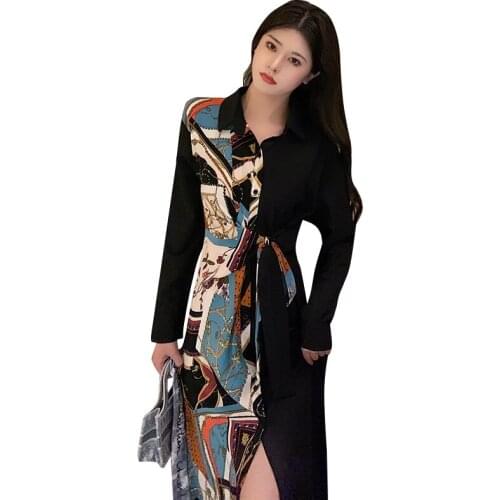 Plus Size Dress Women Long Sleeve Long Shirt Dresses for Women Fashion Print Straight Dress Lady Lace Up Waist Dress