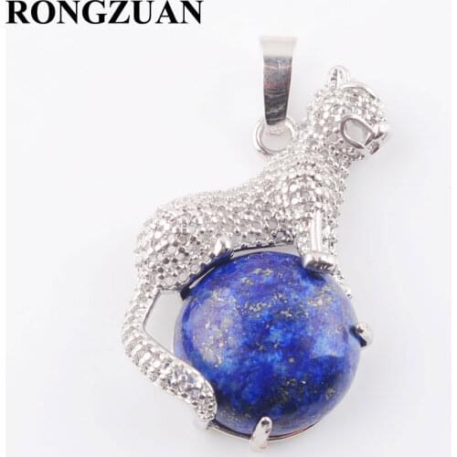 RONGZUAN Lapis Lazuli Natural Round Gem Stone Animal Leopard Pendant Silver plated Chain Necklace & Pendant Jewelry Gift TN3656