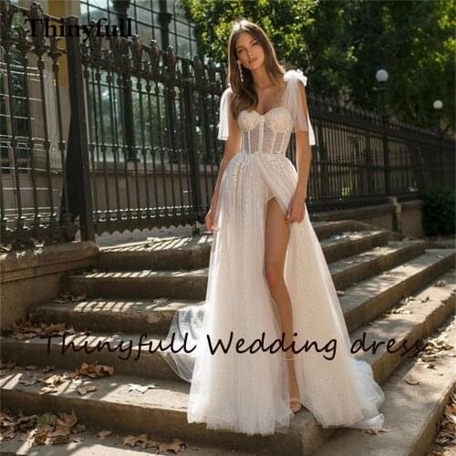 Bling Glitter Long Side Slit Boho Wedding Dresses Sparkly Sequines Spaghetti Beach Bridal Gown Country Bride Dress