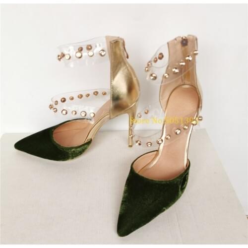 Velvet Thin High Heel Pumps Pointed Toe Clear PVC Zipper Up Shoes Office Lady Rivet Decor Cut Out Shoes Spring Summer Dress Pump