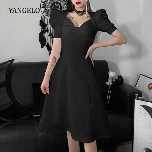 Vintage Black Midi Dress Goth High Waist Ruched Corset Dresses Elegant Sexy V Neck Party Dress French Puff Sleeve Outfit