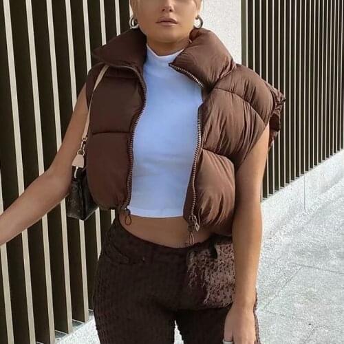 Vintage Women Brown Short Waistcoats 2021 Spring-Autumn Fashion Ladies Cute Puffer Vest Coats Sweet Girls Chic Outerwear