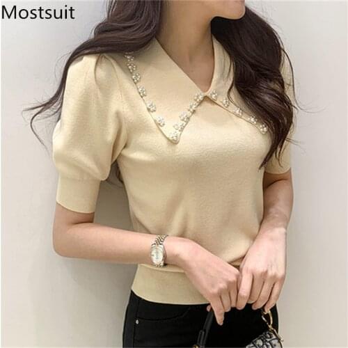 Pearl Beading Knitted T Shirt Tops Women Summer Short Sleeve Turn-down Collar Pullover Solid Slim Korean Fashion Female T-shirt