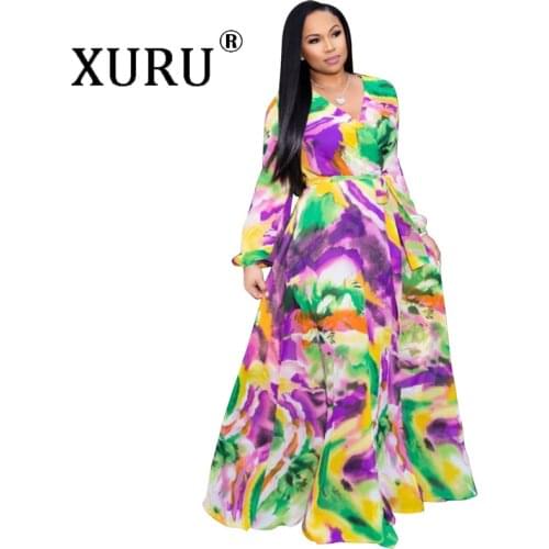 XURU summer new chiffon beach long dress large size loose printed dress S-3XL-5XL Bohemian beach dress