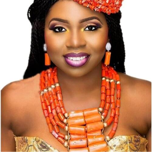 Dudo Jewelry Nature Orange African Bridal Coral beads Jewelry Set For Nigerian Women 5 Layers Jewellery Set Free Shipping 2018