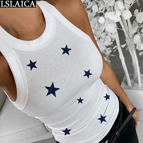 Summer women T-shirt sleeveless solid color Pentagram print casual t shirt women knitted slim wild office fashion T-shirt female