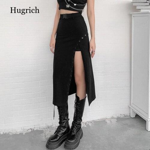 Goth Dark Gothic High Waist A-Line Black Midi Skirts Mall Goth Y2K Punk Style Women Sexy Slit Side Buckle Front Skirt Clubwear