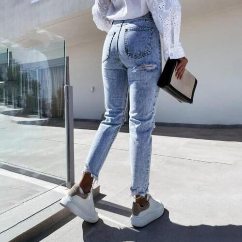 Women Popular Solid Color Ripped Holes Jeans Slim Ripped Jeans Solid Color Streetwear